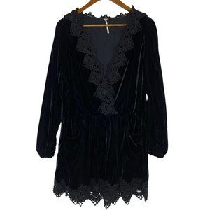 Free People Black Velvet Velour V-neck Long Sleeve Lace Dress Size Small Women’s